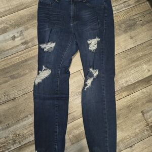 Rewash Women's Skinny Jeans - Dark Blue with Distressed Rips